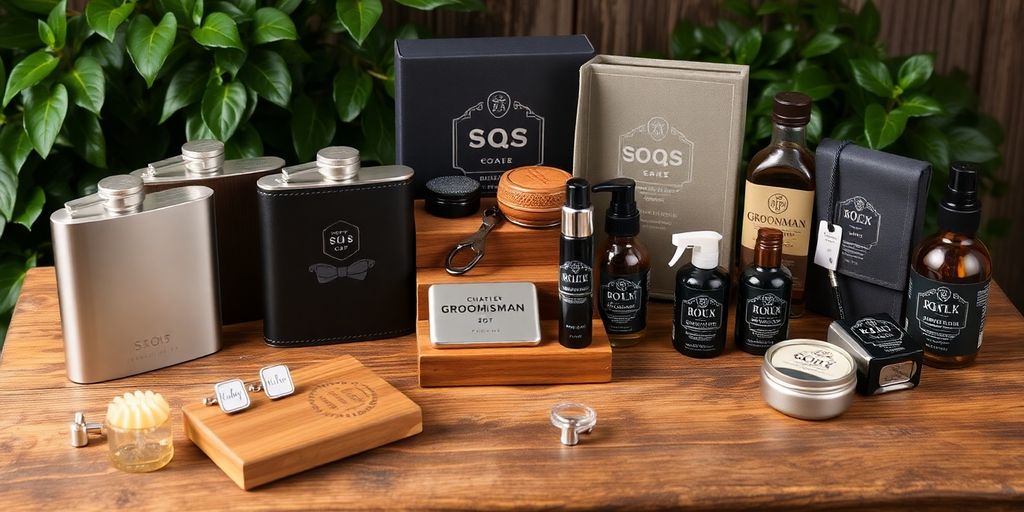 Collection of unique groomsman gifts on a wooden table.