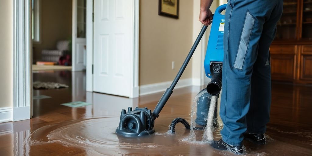 Technician removing water from a flooded home.