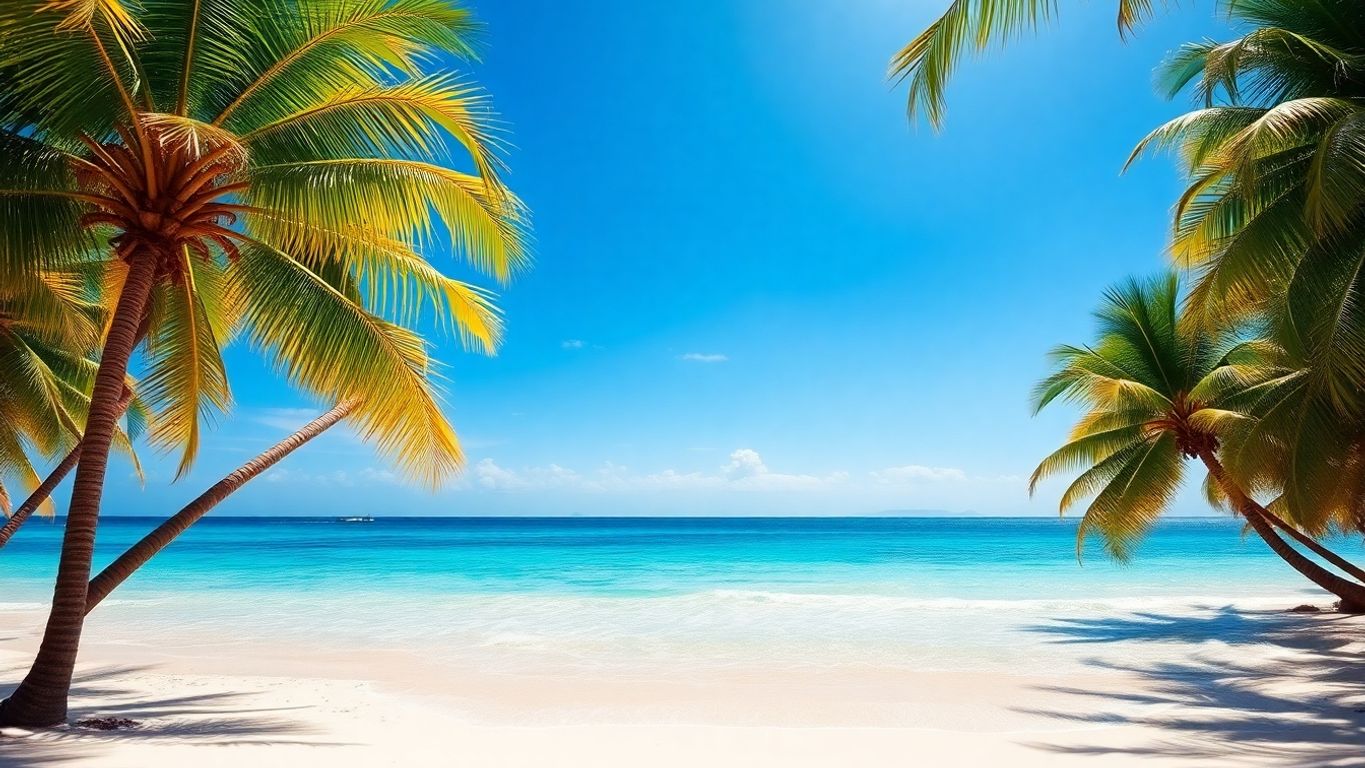 A vibrant tropical beach with palm trees.