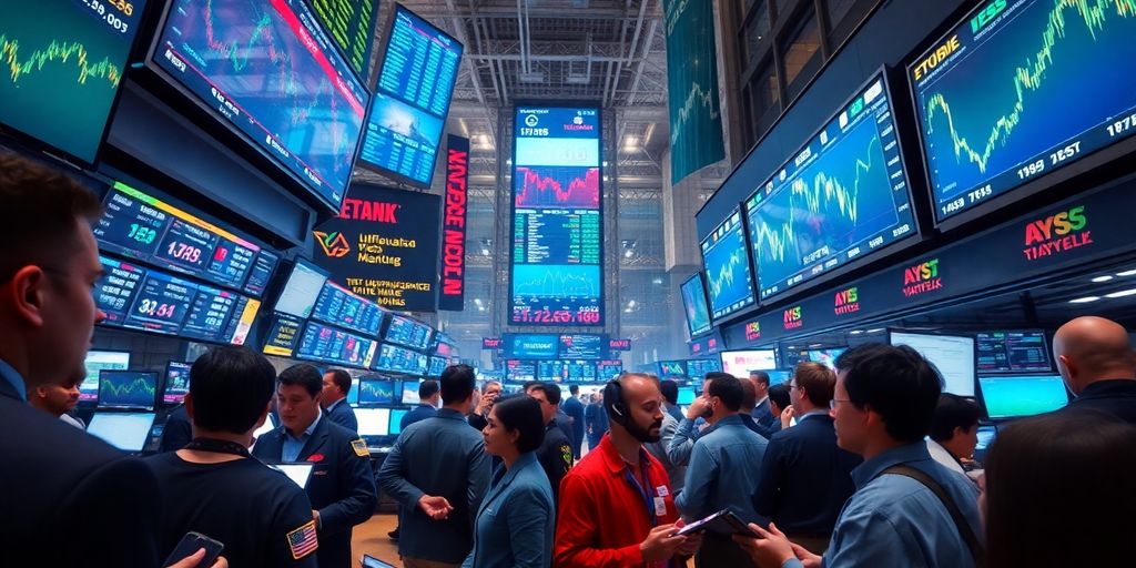 Traders interacting in a bustling financial market environment.