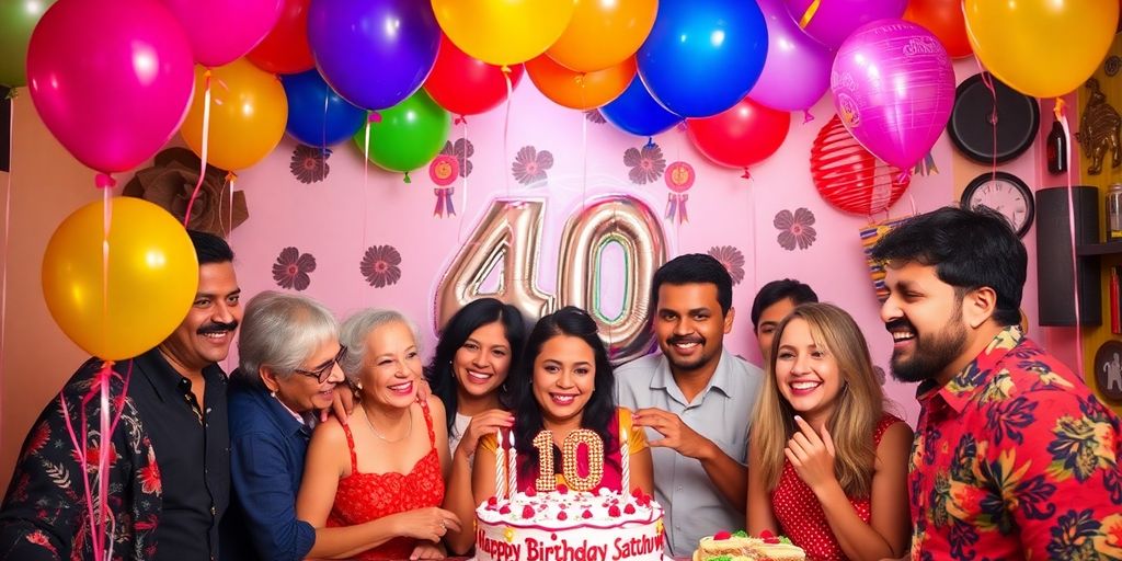Colourful 40th birthday celebration with nostalgic decorations.