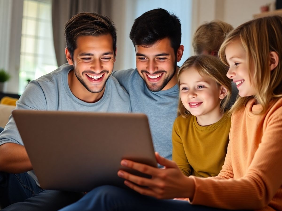 Familie zâmbind în fața ecranului.