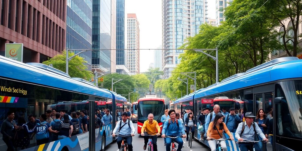 Diverse urban transportation modes in a vibrant city scene.