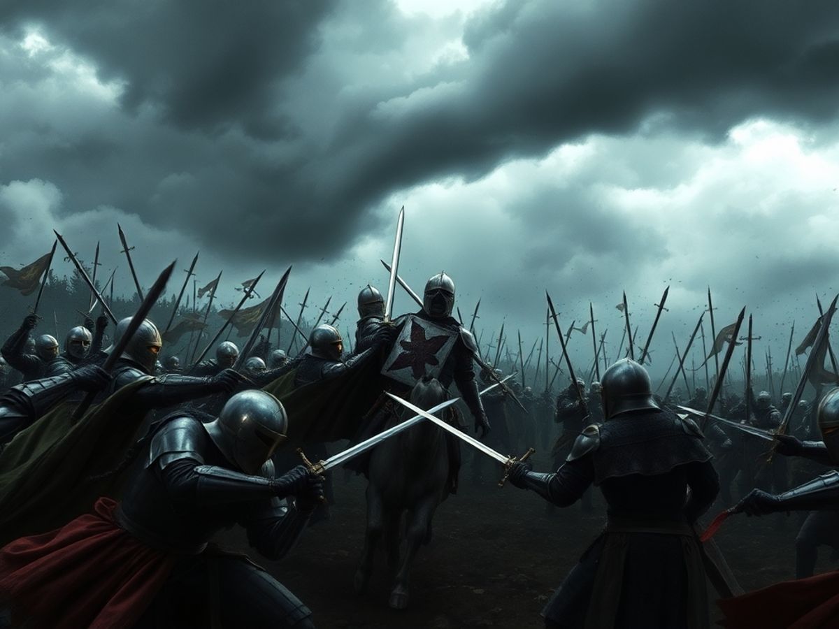 Medieval battle scene with knights and stormy skies.