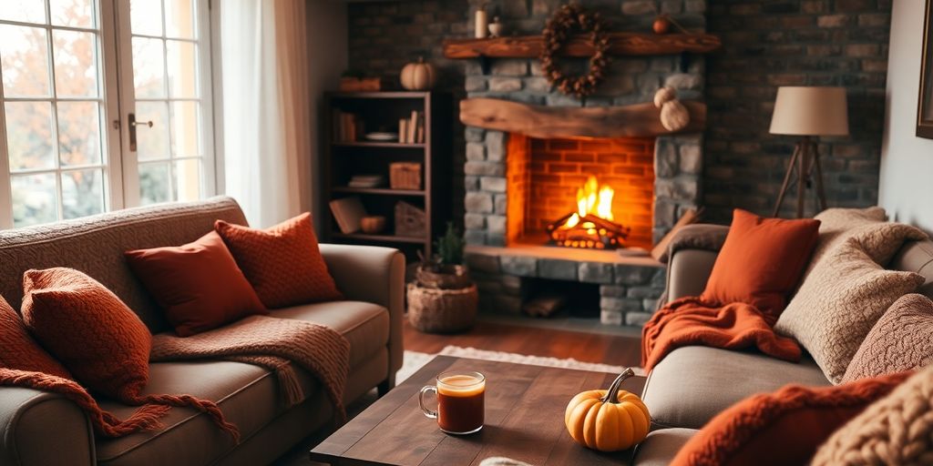 warm living room, autumn decor, cozy blankets