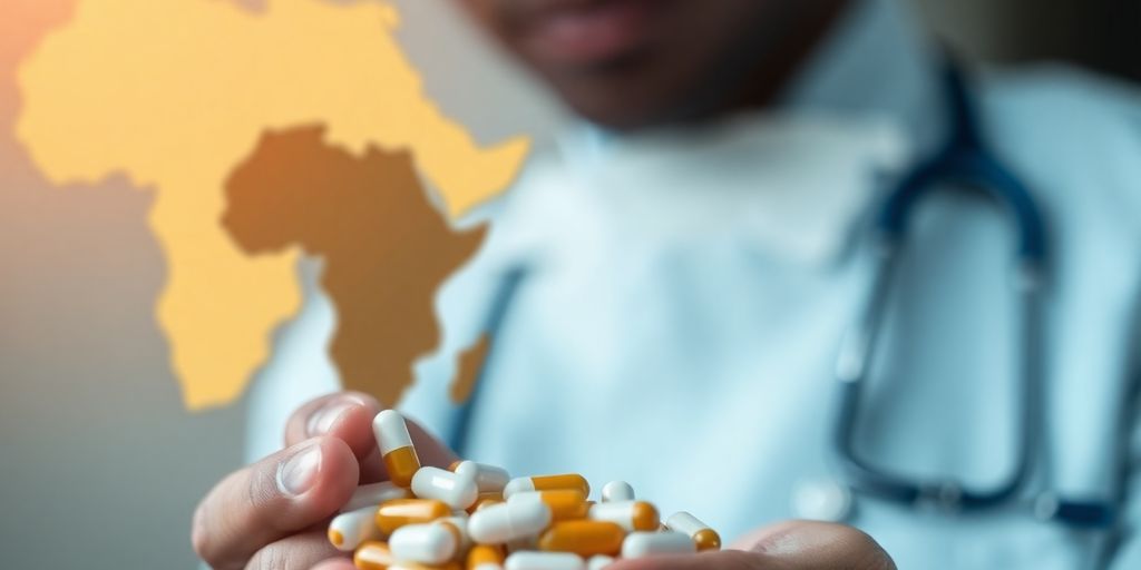 Capsules d'antibiotiques sur une carte floue de l'Afrique.