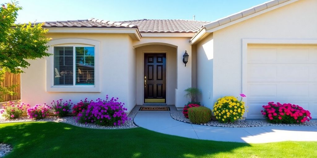 Charming home exterior in Mesquite, NV, with greenery.