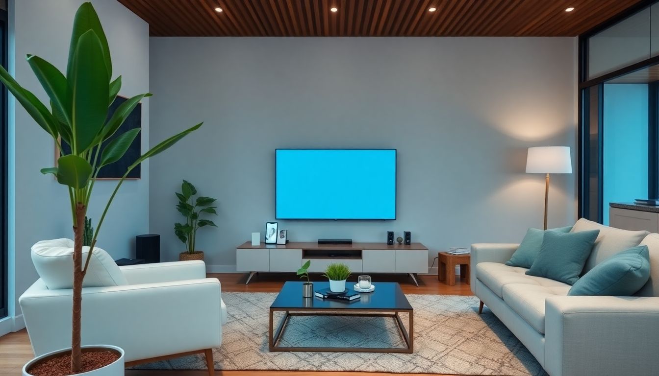 Modern living room with smart devices and sleek furniture.