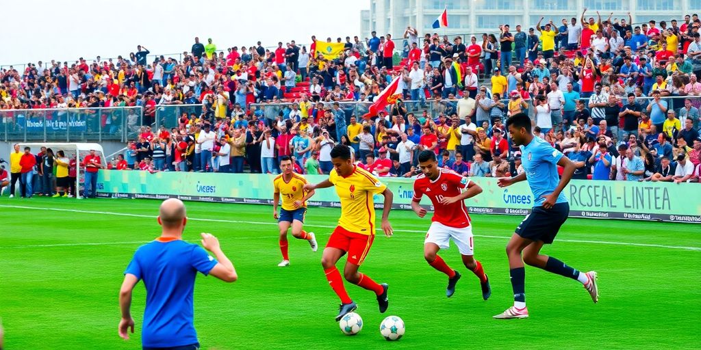 Diverse soccer fans cheering at a vibrant match.