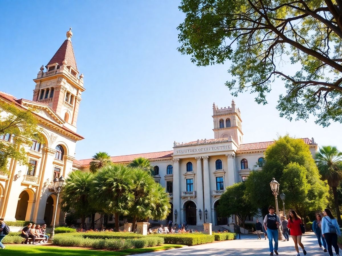 University of Southern California campus with students and greenery.