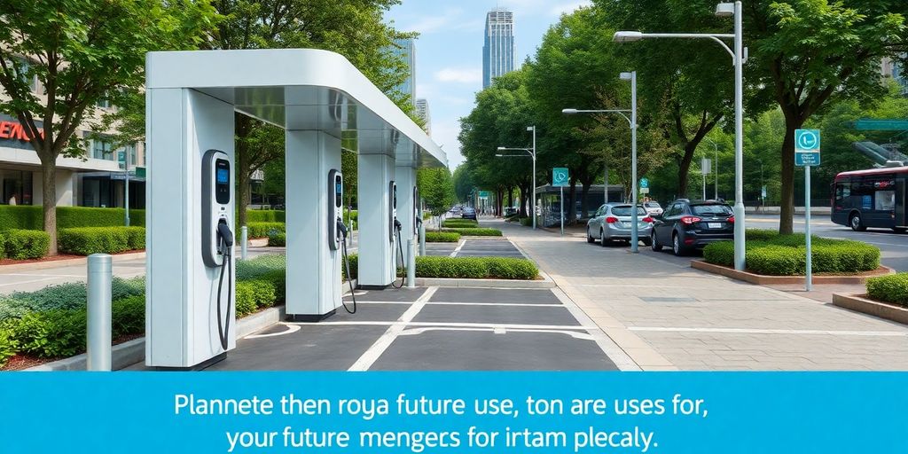 Modern EV charging station with multiple spots in urban setting.