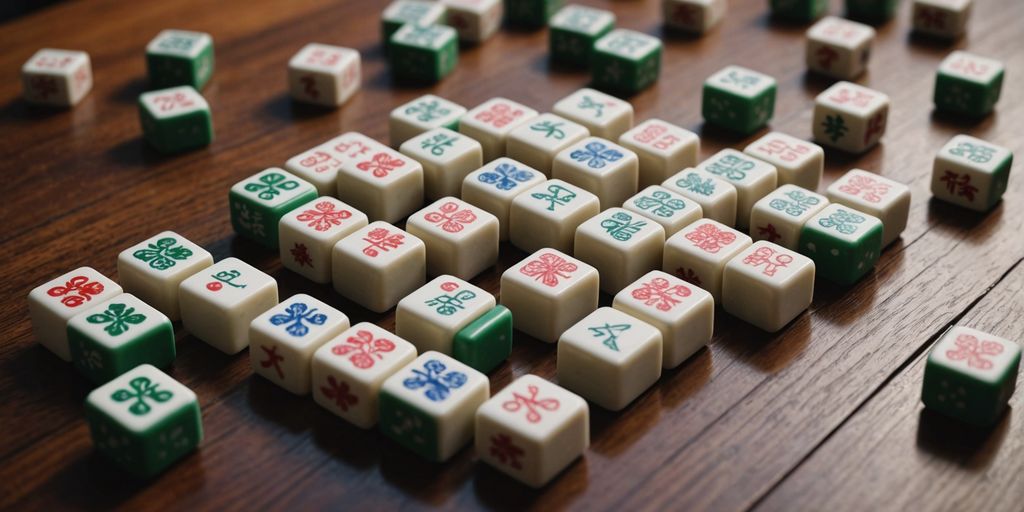 Various Mahjong tiles displayed on a wooden surface.