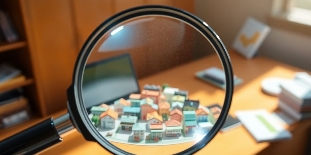 Magnifying glass over tiny businesses, digital glow.