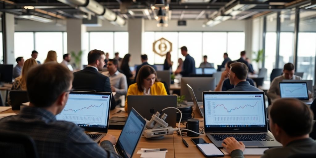 Crypto professionals discussing compliance in a busy office.