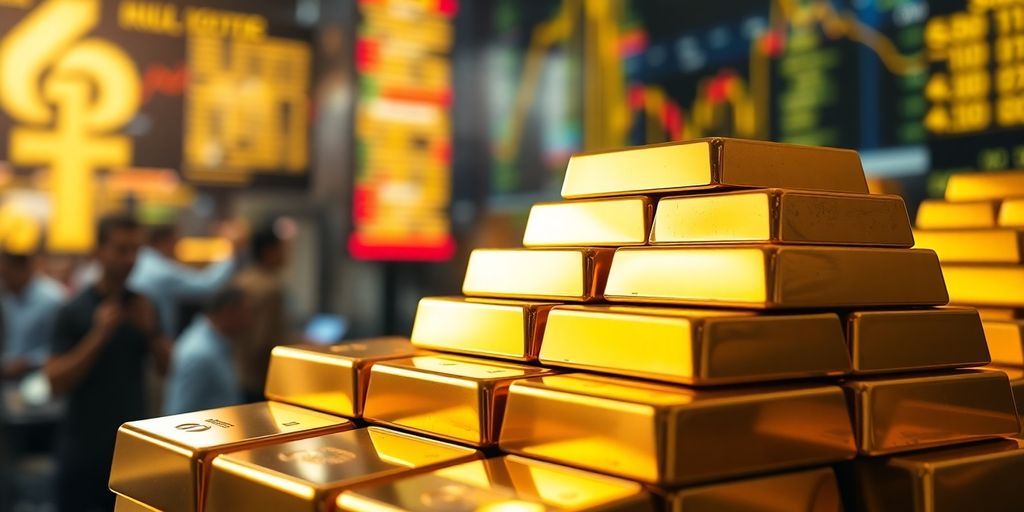 Barres d'or brillantes avec un fond flou de marchés.