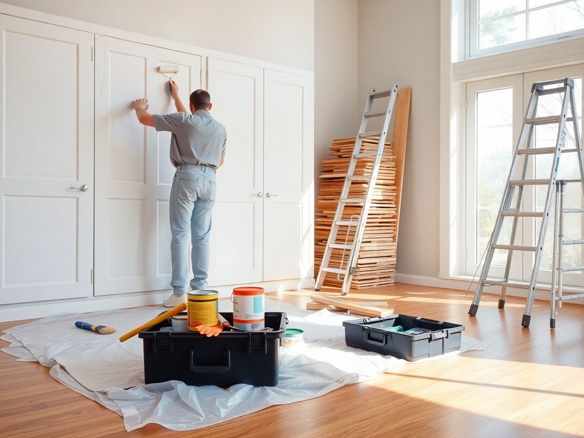 Persoană vopsind un dulap alb, instrumente DIY pe podea, scară