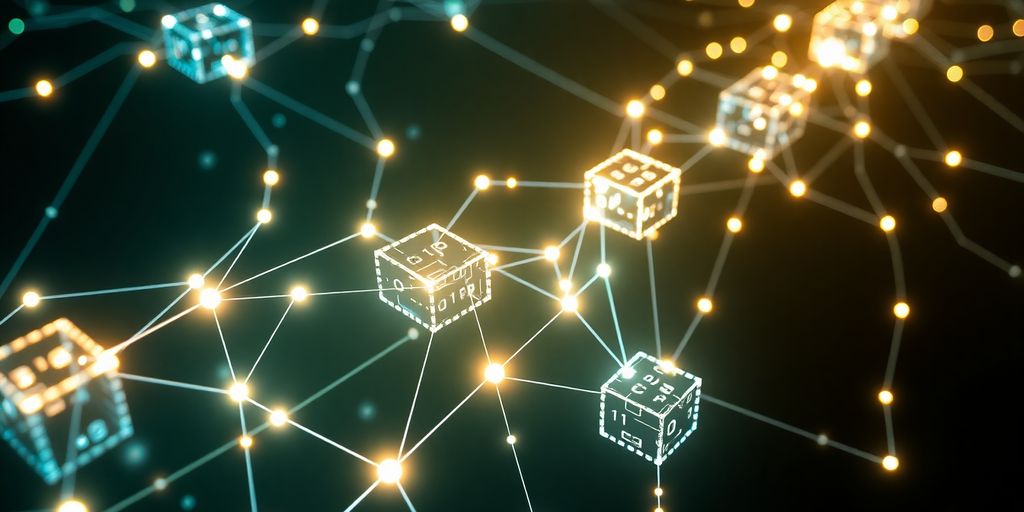 Interconnected digital blocks with light flowing between them.