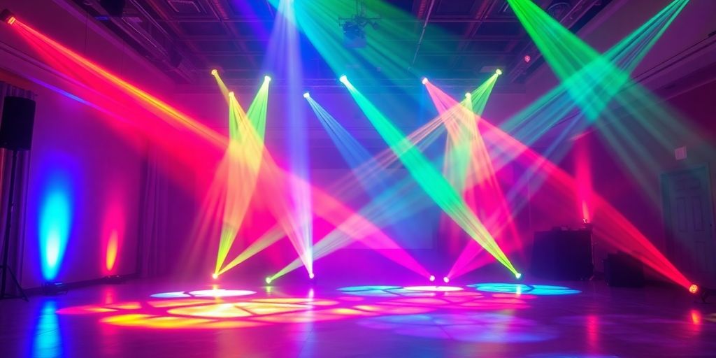 Dramatic event lighting illuminating a dance floor.