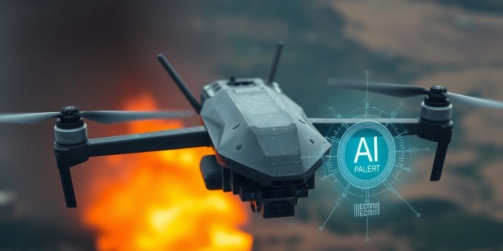 Drone militaire avec câbles en fibre optique en action.