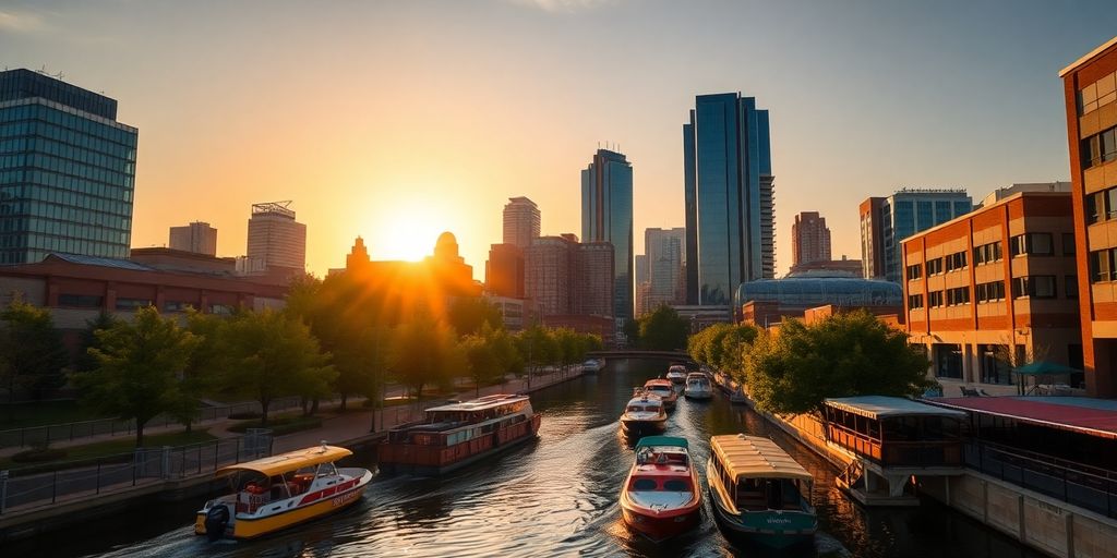 Oklahoma City skyline with Bricktown canal boats.