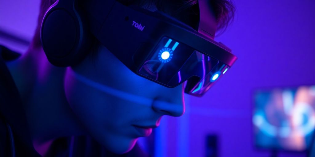 Gamer wearing Tobii Eye Tracker 5 with blue glowing sensors.