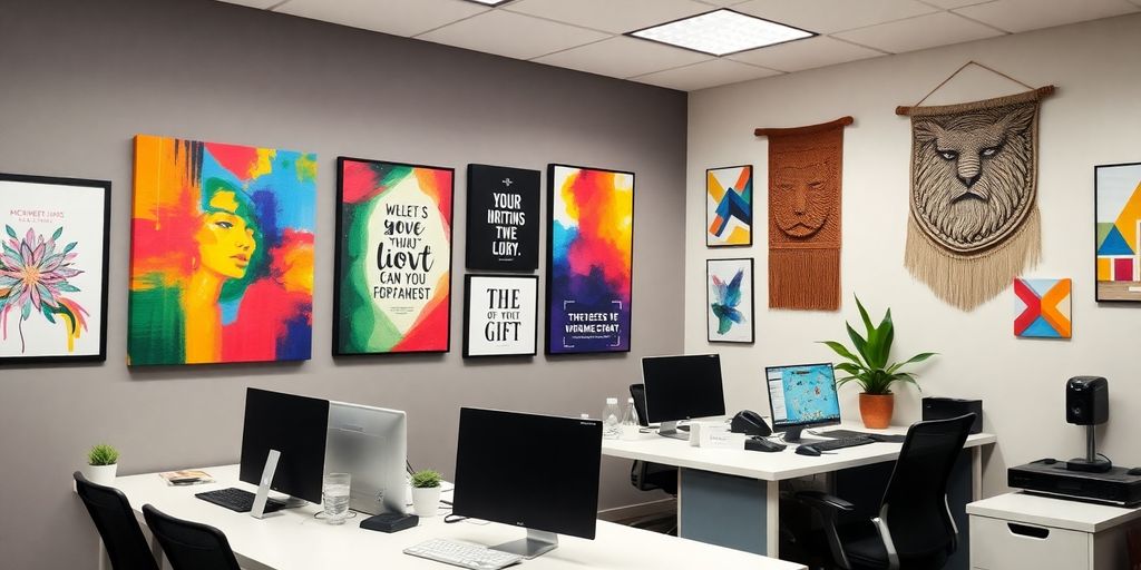 Colorful office wall art enhancing workspace aesthetics.