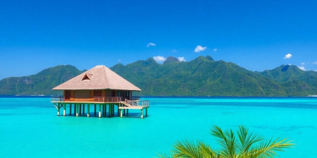 Bora Bora resort overwater bungalows and turquoise lagoon.