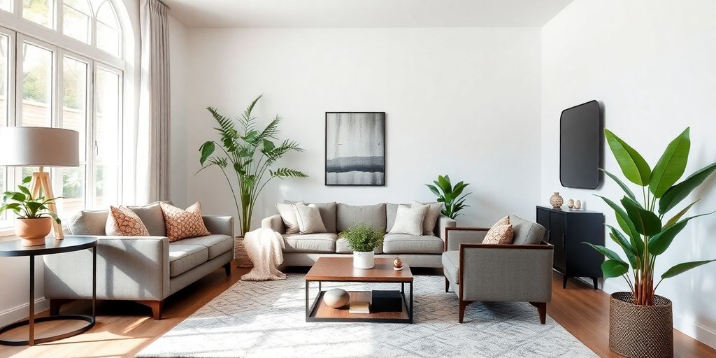 Modern renovated living room with stylish furniture and decor.