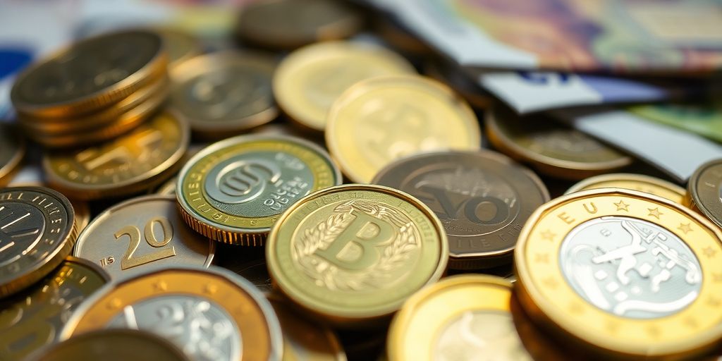 Un tas d'euros superposés avec des pièces et des billets.