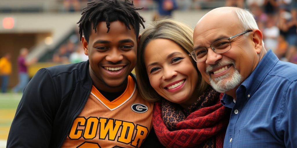 Xavier Worthy with his supportive parents, sharing a joyful moment.
