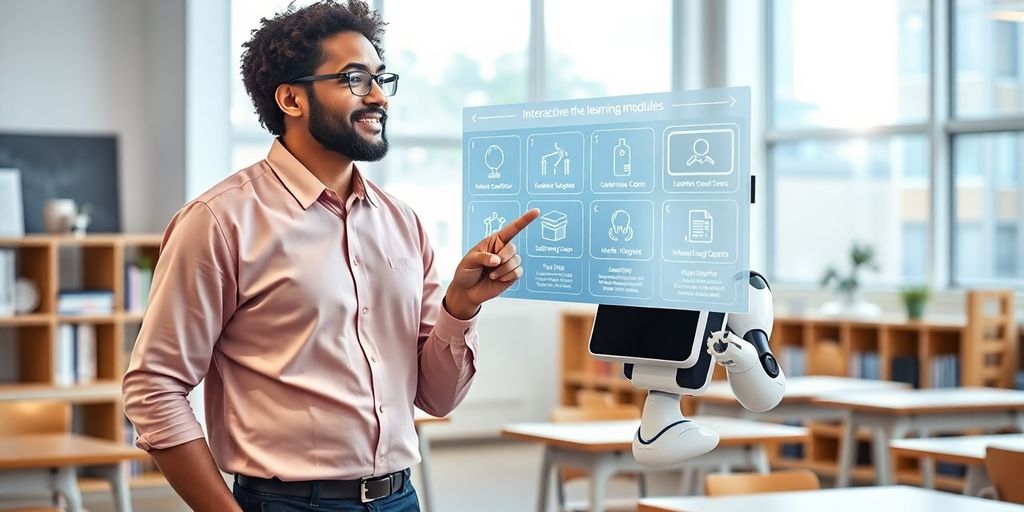 Teacher and AI robot collaboratively planning a modern classroom.