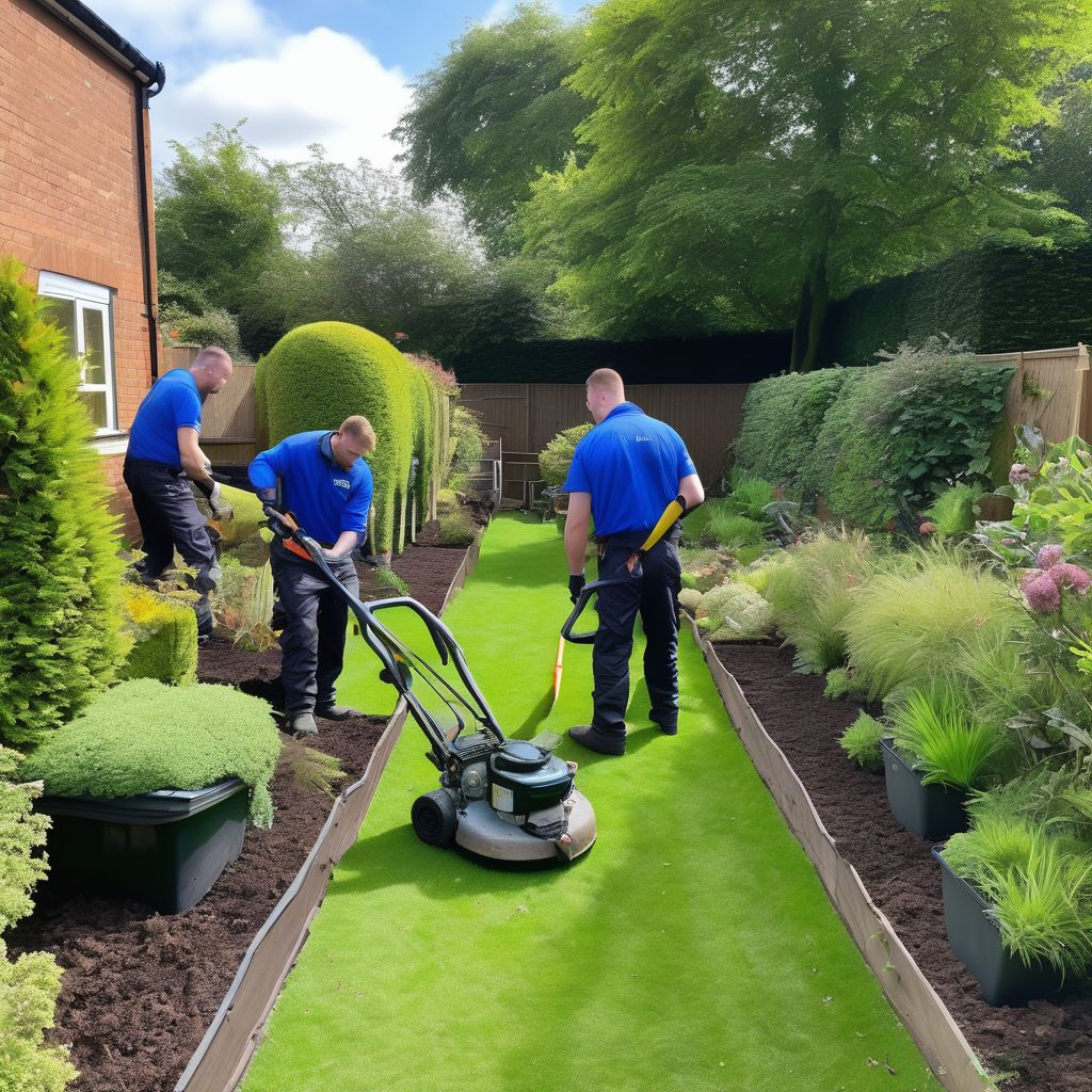 professional garden clearance service team working in a lush garden