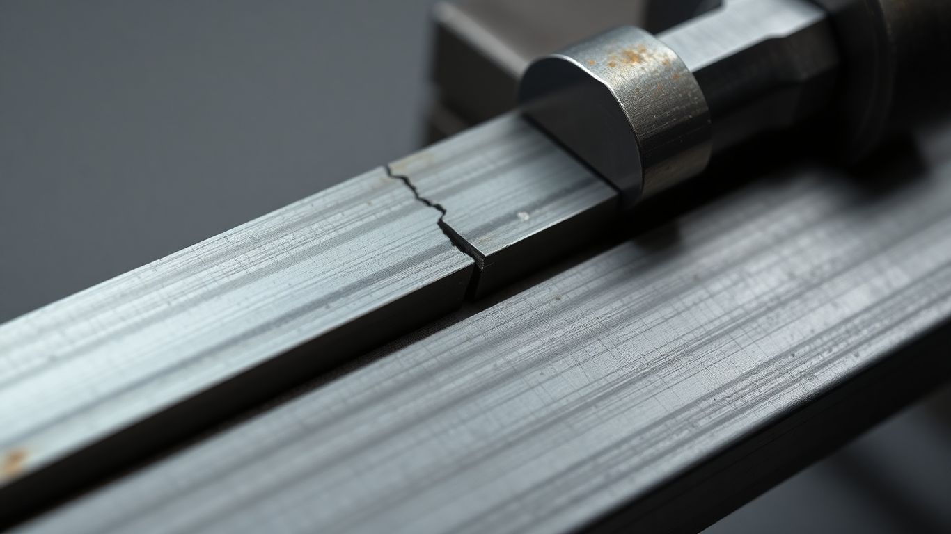 Metal specimen under tension with visible crack and fatigue striations