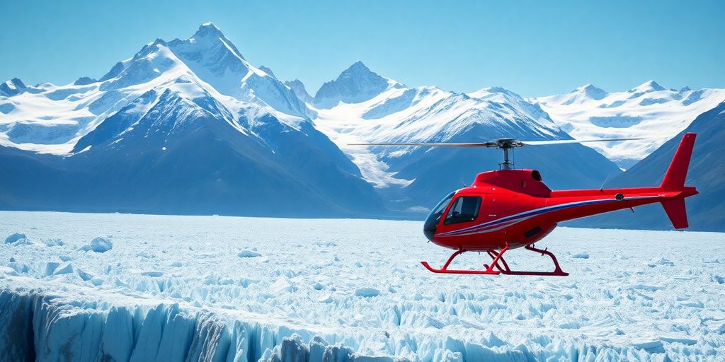 A red helicopter flies over a vast Alaskan glacier.