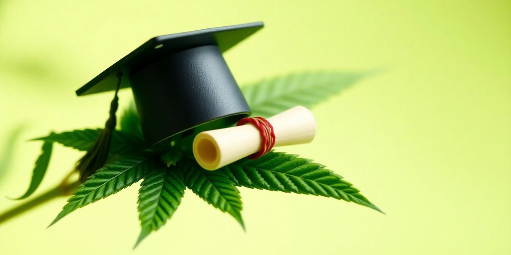 Graduation cap, diploma, cannabis leaf.