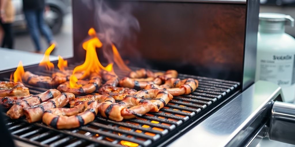 Street food vendor using a chargrill.