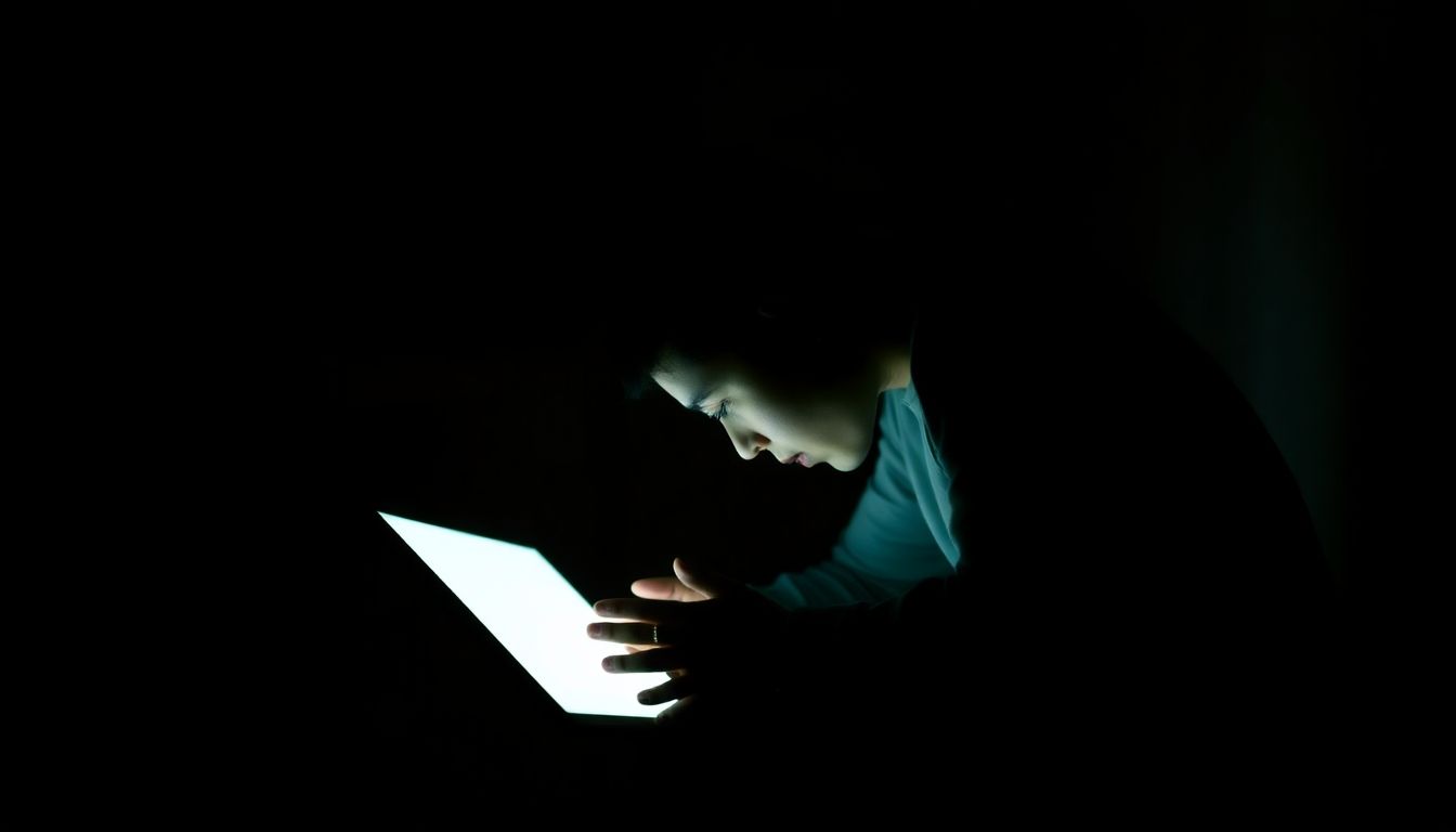 A person sits alone, bathed in the cold light of a computer screen.