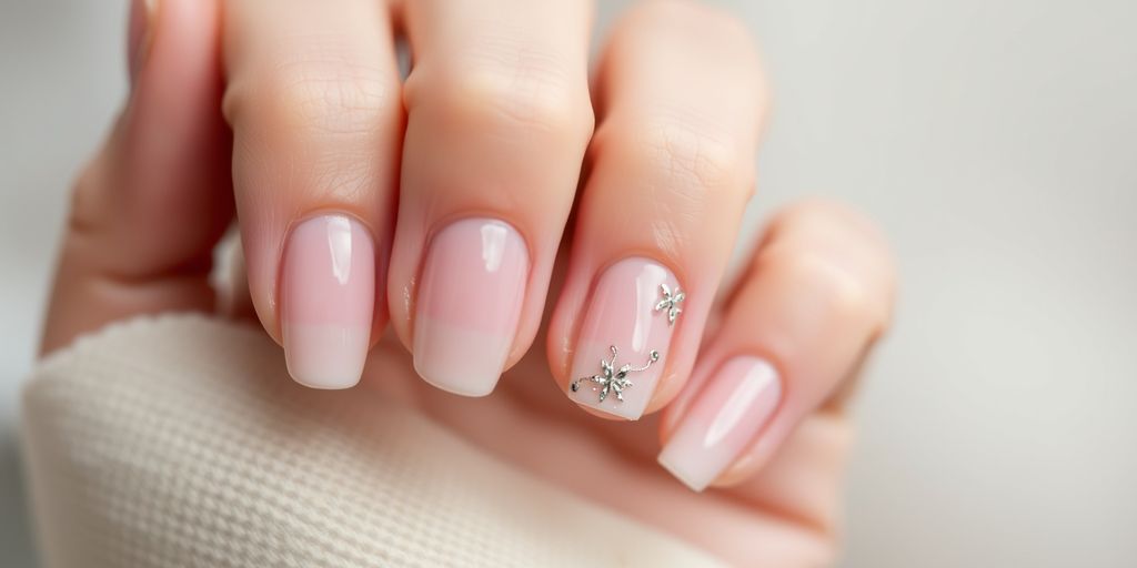 Unhas com esmalte em gel e desenhos pequenos.