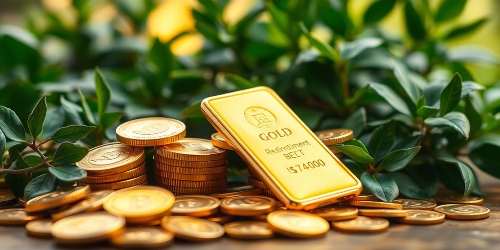 Des pièces d'or et une barre d'or à la retraite.