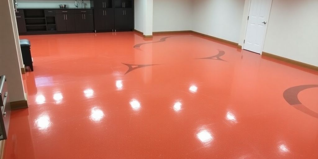 Polished epoxy flooring in a modern basement interior.