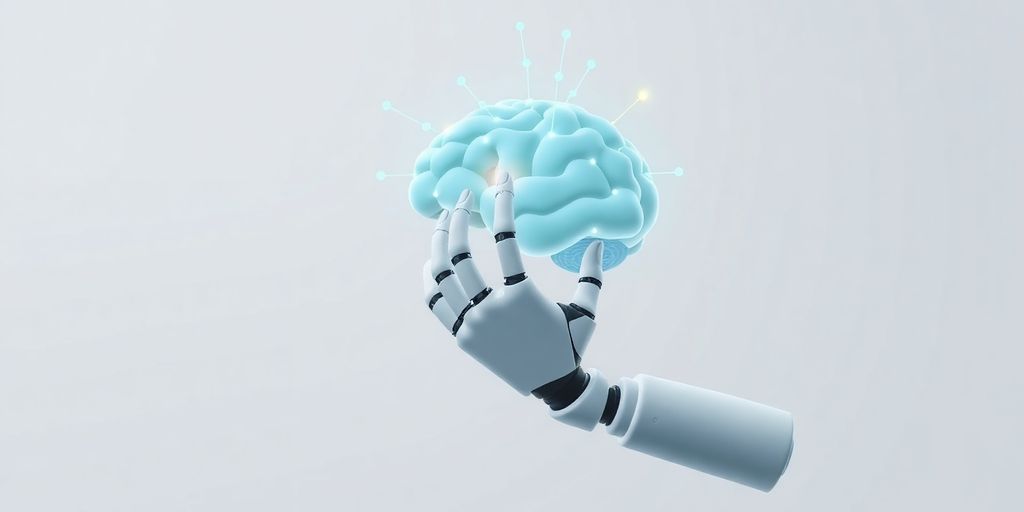 Robot hand, brain, interconnected nodes, simple.