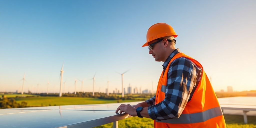 Worker adjusts solar panels with wind turbines and Atlanta skyline.
