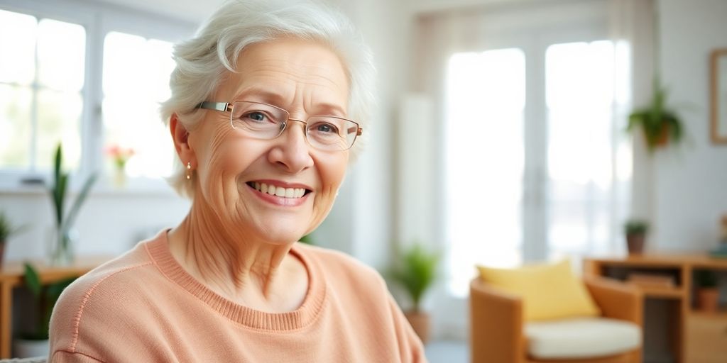 Ältere Person lächelt in hellem, einladendem Umfeld.