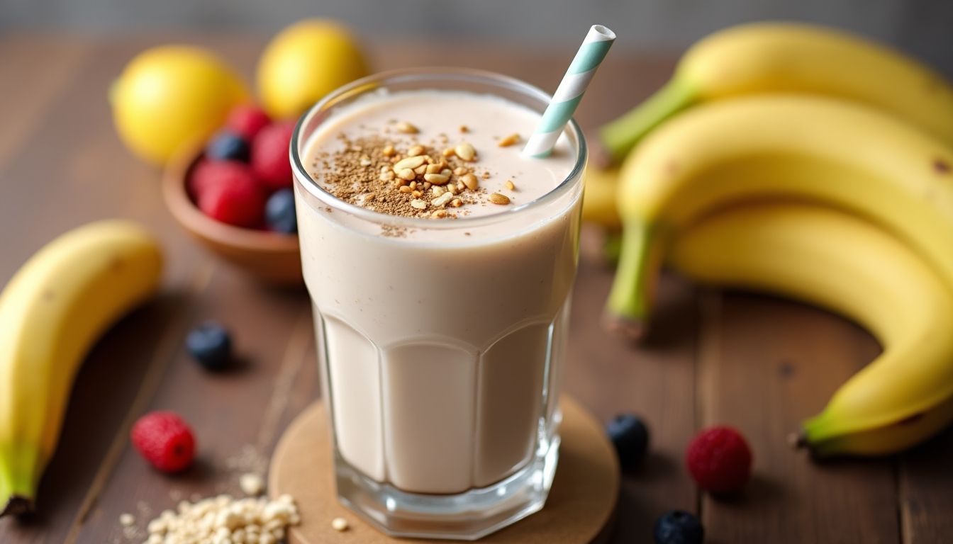 Protein shake with protein powder on a wooden table.