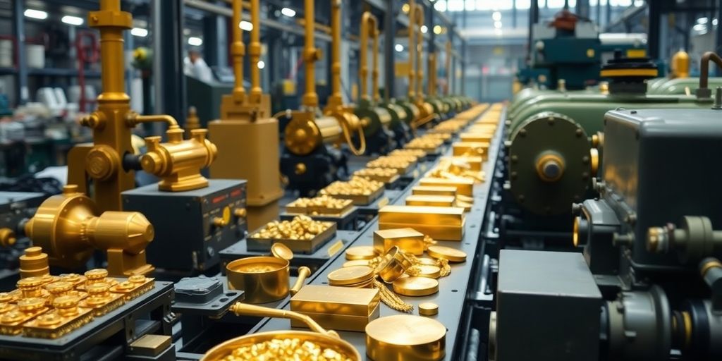 Outils et machines en or dans un environnement industriel.