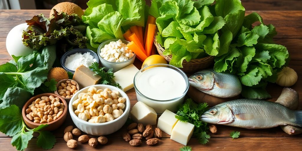 Calcium-rich foods including greens, dairy, and nuts on table.