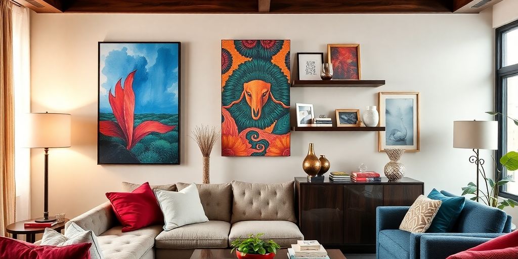 Decorative living room wall with colorful artwork and shelves.