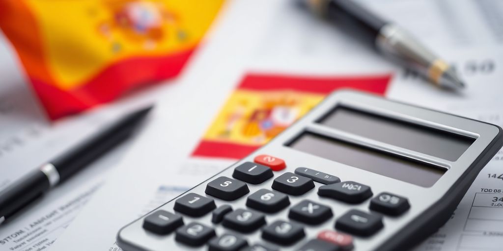 Calculator and tax documents with Spanish flag background.
