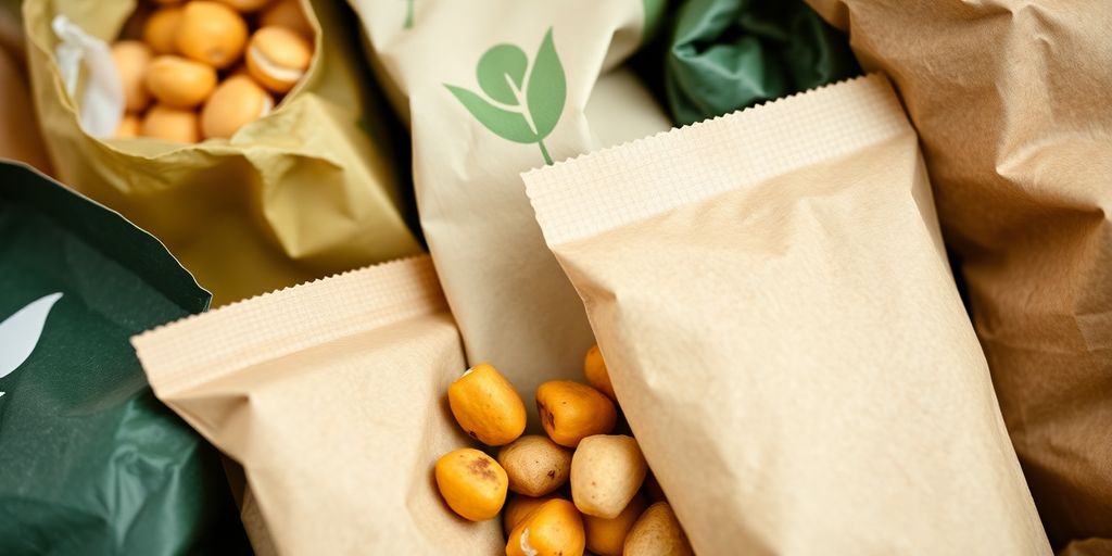 Compostable snack packets stacked neatly.