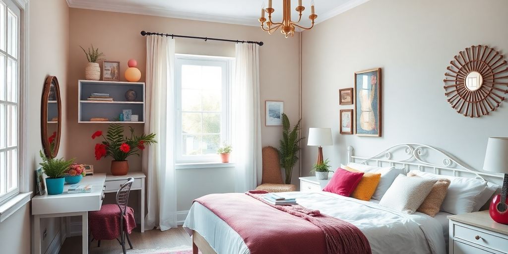 Cozy bedroom with soft pastel walls and vibrant decor.